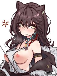 Rule 34 | 1girl, ?, anger vein, animal ears, arknights, artist name, between breasts, blush, braid, breasts, breasts out, brown hair, brown jacket, clenched teeth, collarbone, ctoh (chewandhamper), dress, fur-trimmed jacket, fur trim, highres, jacket, jewelry, long hair, looking at viewer, lunacub (arknights), medium breasts, mole, mole on arm, necklace, nipples, open clothes, open jacket, parted lips, side braid, sideboob, simple background, solo, teeth, upper body, v-shaped eyebrows, white background, white dress, wolf ears, yellow eyes