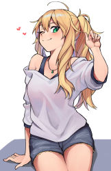 Rule 34 | 1girl, ahoge, bad id, bad pixiv id, bare shoulders, blonde hair, blue shirt, blush, breasts, commentary request, green eyes, hair between eyes, hand on ground, highres, hoshii miki, idolmaster, idolmaster (classic), idolmaster million live!, jewelry, long hair, looking at viewer, necklace, off shoulder, one eye closed, ponytail, roivas, shirt, shorts, sitting, sleeveless, sleeveless shirt, smile, solo, sweater