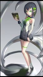 Rule 34 | 1girl, bad id, bad pixiv id, bare shoulders, black hair, book, detached sleeves, glasses, green eyes, loafers, original, pointy ears, shoes, short hair, skirt, socks, solo, thigh strap, wangchuan de quanyan