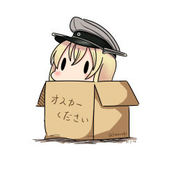 Rule 34 | 10s, 1girl, 2016, absurdres, artist name, bad id, bad pixiv id, bismarck (kancolle), black eyes, blonde hair, blush, box, cardboard box, chibi, dated, grey hat, hat, hatsuzuki 527, highres, in box, in container, kantai collection, long hair, peaked cap, peeking out, signature, simple background, solid oval eyes, solo, translated