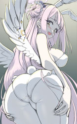 Rule 34 | 1girl, animal ears, ass, ass grab, blue archive, blush, breasts, danbora, fake animal ears, from behind, large breasts, leotard, mika (blue archive), pantyhose, pink hair, playboy bunny, rabbit ears, rabbit tail, solo, tail, white pantyhose, wings, yellow eyes