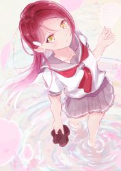 Rule 34 | 1girl, 493water, bare legs, barefoot, breasts, cherry blossoms, collarbone, hair ornament, hairclip, holding, holding shoes, long hair, looking at viewer, love live!, love live! sunshine!!, neckerchief, pleated skirt, red hair, red neckerchief, ripples, sailor collar, sakurauchi riko, school uniform, shoes, skirt, small breasts, solo, wading, walking, walking on liquid, water, yellow eyes