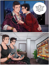 Rule 34 | 2boys, absurdres, black hair, black pants, black tank top, bracelet, brown pants, closed mouth, commission, controller, couple, david king (dead by daylight), dead by daylight, dessa nya, dwight fairfield, english text, game controller, glasses, grey tank top, highres, holding, holding controller, holding game controller, jacket, jewelry, looking at another, male focus, multiple boys, necktie, pants, playing games, purple jacket, purple vest, red jacket, scar, scar on face, scar on nose, shirt, short hair, tank top, undone necktie, vest, white shirt, yaoi