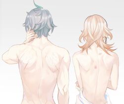Rule 34 | 2boys, ahoge, alhaitham (genshin impact), ari (bleum), arm up, back, bite mark, bite mark on shoulder, blonde hair, commentary request, earrings, facing away, from behind, genshin impact, green hair, grey hair, hand on own neck, hickey, jewelry, kaveh (genshin impact), long hair, male focus, multicolored hair, multiple boys, scratches, short hair, shoulder blades, topless male, upper body