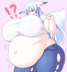 Rule 34 | !?, 1girl, animal ears, belly, big belly, blue legwear, blush, borrowed character, breasts, byakusen (amabiko kote), casual, d;, denim, fat, fat rolls, fox ears, fox girl, fox tail, futon7979, hands up, highres, huge breasts, jeans, long hair, looking down, midriff, muffin top, navel, obese, one eye closed, open mouth, original, pants, pink background, purple eyes, shirt, short sleeves, silver hair, simple background, solo, surprised, surprised arms, sweat, t-shirt, tail, taut clothes, thick thighs, thighs, torn clothes, wavy mouth, weight gain, white shirt, wince