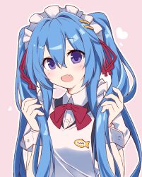 Rule 34 | 1girl, :d, apron, black dress, blue hair, blush, bow, brown background, collared shirt, dress, dress shirt, fang, hair between eyes, hair ornament, hairclip, hands up, heart, highres, holding, holding hair, long hair, looking at viewer, maid, maid apron, maid headdress, open mouth, original, outline, purple eyes, red bow, red ribbon, ribbon, shirt, short sleeves, smile, solo, surume aburi, twintails, upper body, very long hair, white apron, white outline, white shirt, wrist cuffs