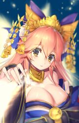Rule 34 | 1girl, animal ear fluff, animal ears, bare shoulders, bell, blue bow, blue kimono, blush, bow, breasts, cleavage, closed mouth, collar, collarbone, commentary request, fate/extra, fate/grand order, fate (series), fingernails, fox ears, fox girl, hair between eyes, hair bow, hair ornament, japanese clothes, kimono, large breasts, long hair, looking at viewer, mogullaz, off shoulder, pink hair, smile, solo, tamamo (fate), tamamo no mae (fate/extra), tamamo no mae (third ascension) (fate), very long hair, yellow eyes