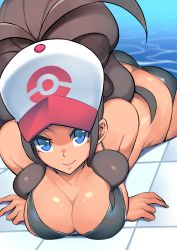 Rule 34 | 1girl, ass, baseball cap, bikini, blue eyes, breasts, brown hair, butt crack, cleavage, creatures (company), game freak, half-closed eyes, hat, highres, hilda (pokemon), looking at viewer, lying, nac000, nintendo, on stomach, partially submerged, pokemon, pokemon bw, ponytail, pool, seductive smile, smile, solo, string bikini, swimsuit, water