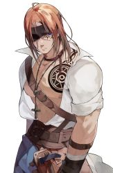 Rule 34 | 1boy, absurdres, ahoge, bandage over one eye, bandaged arm, bandages, bare pectorals, belt, brown belt, brown hair, chain, chain necklace, chest tattoo, closed mouth, collarbone, cross, cross necklace, eyes visible through hair, facial tattoo, glowing, hakasesuitchi, hammer, highres, jewelry, looking at viewer, male focus, medium hair, necklace, original, pectorals, purple eyes, scar, scar on arm, scar on chest, scar on face, scar on stomach, shirt tucked in, simple background, sleeves rolled up, solo, tattoo, white background