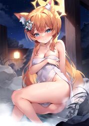 Rule 34 | 1girl, animal ear fluff, animal ears, ass, blue archive, blue eyes, blush, breasts, cleavage, closed mouth, collarbone, feet out of frame, flower, hair flower, hair ornament, halo, highres, long hair, looking at viewer, mari (blue archive), medium breasts, naked towel, night, onsen, orange hair, outdoors, pinki o64, rock, solo, towel, water, white flower, white towel, yellow halo