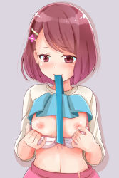 Rule 34 | 1girl, blush, bra, bra pull, breasts, brown eyes, brown hair, closed mouth, clothes lift, clothes pull, embarrassed, grey background, hair ornament, hairclip, hanadera nodoka, healin&#039; good precure, lifting own clothes, medium hair, mitumi mira, mouth hold, navel, nipples, open clothes, open skirt, pink skirt, precure, shirt, shirt lift, simple background, skirt, small breasts, solo, swept bangs, underwear, upper body, white bra, white shirt