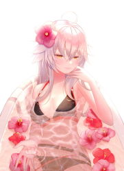 Rule 34 | 1girl, ahoge, bad id, bad pixiv id, bare arms, bare shoulders, bath, bathtub, bikini, black bikini, blush, breasts, brown eyes, closed mouth, commentary, fate/grand order, fate (series), flower, flower on liquid, hair between eyes, hair flower, hair ornament, half-closed eyes, jeanne d&#039;arc alter (swimsuit berserker) (fate), jeanne d&#039;arc (fate), jeanne d&#039;arc alter (fate), jeanne d&#039;arc alter (swimsuit berserker) (fate), large breasts, long hair, o-ring, o-ring bikini, o-ring top, partially submerged, red flower, silver hair, simple background, smile, solo, swimsuit, symbol-only commentary, water, white background, zain (jiha3905)
