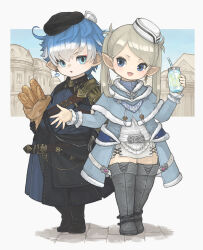 Rule 34 | 1boy, 1girl, absurdres, bag, baguette, belt, black footwear, blonde hair, blue capelet, blue coat, blue eyes, blue hair, blue jacket, boots, bread, capelet, cityscape, coat, cobblestone, commission, drinking straw, earrings, final fantasy, final fantasy xiv, flat cap, flat chest, food, full body, gauntlets, grey footwear, hair between eyes, hat, highres, holding, holding bag, holding jar, jacket, jar, jewelry, lalafell, lemonade, long hair, looking at another, looking at viewer, looking to the side, mini hat, multicolored hair, open mouth, pointy ears, puluie, scrunchie, shirt, simple background, single earring, single gauntlet, skirt, smile, thigh boots, thighhighs, two-tone hair, very long hair, white hair, white headwear, white shirt, white skirt, wrist scrunchie, zettai ryouiki