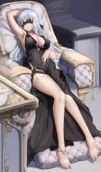 Rule 34 | 1girl, anklet, arm up, armpits, barefoot, black bow, black dress, blindfold, bow, breasts, chair, cleavage, closed mouth, collarbone, dress, full body, highres, jewelry, large breasts, lips, long hair, miso (b7669726), original, silver hair, sitting, sleeveless, sleeveless dress, solo, toes