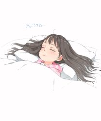 Rule 34 | 1girl, black hair, blush, closed eyes, commentary request, gomennasai, hood, hood down, hooded jacket, jacket, long hair, lying, on back, original, parted lips, pillow, pink jacket, sleeping, solo, striped clothes, striped jacket, translation request, under covers, white background