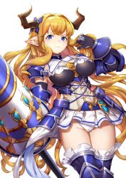 Rule 34 | &gt;:), 10s, 1girl, armor, armored boots, armored dress, black gloves, blonde hair, blue eyes, blue footwear, boots, breasts, cleavage, closed mouth, cowboy shot, cross-laced clothes, draph, elbow gloves, faulds, frills, gloves, granblue fantasy, highres, holding, holding weapon, horn ornament, horns, long hair, looking at viewer, medium breasts, microskirt, mikurou (nayuta), panties, pauldrons, pleated skirt, pointy ears, polearm, razia, shoulder armor, simple background, skirt, smile, solo, thigh boots, thighhighs, underbust, underwear, v-shaped eyebrows, very long hair, weapon, white background, white panties, white skirt