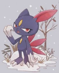 Rule 34 | commentary request, creatures (company), fang, full body, game freak, gen 2 pokemon, grey background, leaf, looking at viewer, nintendo, no humans, oniwa nwai, open mouth, outdoors, pokemon, pokemon (creature), red eyes, smile, sneasel, snow, snowing, solo, standing, tongue