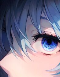 Rule 34 | 1girl, 58 (opal 00 58), absurdres, blue eyes, blue hair, close-up, commentary, english commentary, eye focus, eyelashes, from side, hair between eyes, highres, looking at viewer, original, solo