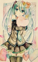 Rule 34 | 1girl, aqua eyes, aqua hair, bad id, bad pixiv id, beamed quavers, black thighhighs, blush, cowboy shot, detached sleeves, floral background, hair ornament, hatsune miku, heart, highres, long hair, looking at viewer, microskirt, musical note, necktie, hugging object, petals, pillow, pillow hug, pleated skirt, quaver, skirt, smile, solo, thigh gap, thighhighs, traditional media, twintails, vocaloid, wide sleeves, yuru mame, zettai ryouiki