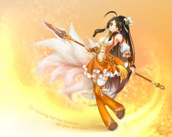 Rule 34 | 1girl, ara haan, ara han, armpits, black hair, boots, detached sleeves, dress, elsword, english text, engrish text, full body, gradient background, little xia (elsword), long hair, multiple tails, orange background, orange dress, orange eyes, orange skirt, orange thighhighs, polearm, ponytail, ranguage, riskyin, skirt, smile, solo, spear, tail, thigh boots, thighhighs, very long hair, weapon, yellow background