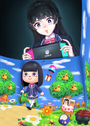 Rule 34 | 1girl, :&gt;, absurdres, animal crossing, balloon, bed, black hair, blazer, blue eyes, blue jacket, bonfire, bow, bowtie, braid, bug, canvas (object), cardigan, centipede, collared shirt, commentary request, diorama, egg (food), eye reflection, fishing rod, flower, food, french braid, gift, glowing, hair ornament, hairclip, handheld game console, highres, hime cut, holding, holding fishing rod, holding handheld game console, jacket, loafers, long hair, long sleeves, looking at another, nijisanji, nintendo, nintendo switch, open mouth, orange flower, over shoulder, pink bow, pink bowtie, playing games, reflection, riyokeyuzu, sack, shirt, shoes, thighhighs, tom nook (animal crossing), tree, triangle mouth, tsukino mito, tsukino mito (1st costume), underlighting, virtual youtuber, walking, white shirt, white thighhighs, yellow cardigan