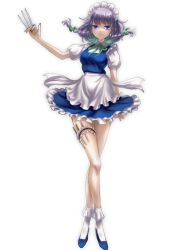 Rule 34 | 1girl, ankake hitokaji, apron, blue dress, blue eyes, blue footwear, bow, braid, breasts, commentary, dress, floating hair, frilled straps, full body, glowing, green bow, green ribbon, grey hair, hair bow, hand up, high heels, highres, holding, holding knife, holster, izayoi sakuya, knife, looking at viewer, maid, maid apron, maid headdress, medium breasts, medium hair, miniskirt, neck ribbon, puffy short sleeves, puffy sleeves, ribbon, short sleeves, simple background, skirt, slit pupils, solo, standing, thigh holster, thigh strap, throwing knife, touhou, twin braids, waist apron, weapon, white apron, white background