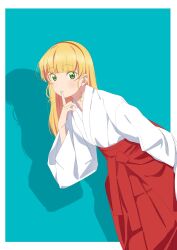 Rule 34 | 1girl, blonde hair, blue background, blunt bangs, closed mouth, commentary request, finger to mouth, green eyes, hakama, hakama skirt, hand up, heanna sumire, highres, japanese clothes, kimono, leaning forward, long hair, long sleeves, looking at viewer, love live!, love live! superstar!!, miko, red hakama, simple background, skirt, solo, super-saiya-0173, white kimono, wide sleeves