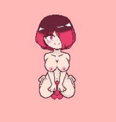 Rule 34 | bete noire, betty noir, breasts, brown hair, dildo, glitchtale, large breasts, legs, medium breasts, nude, red dildo, red eyes, red hair, sex toy
