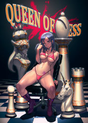 Rule 34 | 1girl, bad id, bad pixiv id, bikini, blue hair, board game, boots, bracelet, breasts, brown eyes, chair, chess, chess piece, chessboard, cleavage, high heels, highleg, highleg bikini, highleg swimsuit, highres, jewelry, kilart, large breasts, legs, long hair, office chair, shoes, sideboob, sitting, solo, spread legs, swimsuit, swivel chair, tattoo, thighs, underboob