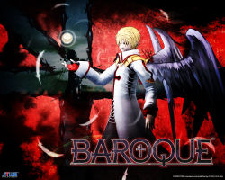 Rule 34 | 1boy, angel, angel wings, atlus, baroque (series), baroque (sound horizon), black wings, blonde hair, coat, copyright name, cowboy shot, letterboxed, long sleeves, male focus, official art, outstretched arm, sleeve cuffs, solo, standing, text focus, uniform, wings
