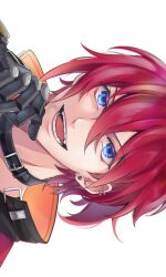 Rule 34 | 1boy, belt, blue eyes, close-up, earrings, hair between eyes, hand on own chin, highres, honkai: star rail, honkai (series), jewelry, looking at viewer, luka (honkai: star rail), male focus, mechanical arms, ngarana dann, open mouth, red hair, short hair, simple background, single mechanical arm, smile, solo, v-shaped eyebrows, white background