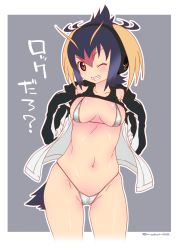 Rule 34 | 10s, 1girl, bikini, breasts, highres, jacket, kemono friends, lifted by self, looking at viewer, medium breasts, micro bikini, mudou eichi, navel, one eye closed, open clothes, open jacket, red eyes, rockhopper penguin (kemono friends), short hair, simple background, smile, solo, standing, swimsuit, tail, white bikini