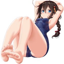 Rule 34 | 1girl, ahoge, alternate costume, armpits, arms behind head, arms up, ass, bare legs, bare shoulders, barefoot, blue eyes, blue one-piece swimsuit, blush, braid, breasts, brown hair, closed mouth, dd (ijigendd), feet, foot focus, foreshortening, full body, hair between eyes, hair flaps, hair ornament, hair ribbon, highres, kantai collection, long hair, looking at viewer, lying, on back, one-piece swimsuit, red ribbon, ribbon, school swimsuit, shigure (kancolle), shigure kai ni (kancolle), sidelocks, simple background, single braid, skindentation, small breasts, soles, solo, swimsuit, thighs, toes, white background