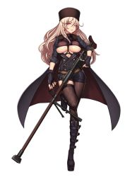 Rule 34 | 1girl, asymmetrical legwear, belt, bipod, black footwear, black gloves, boots, breasts, buttons, cape, clothing cutout, earrings, evan yang, eyebrows, fingerless gloves, full body, fur hat, girls&#039; frontline, gloves, gun, hat, highres, holding, holding gun, holding weapon, jacket, jewelry, large breasts, long hair, looking at viewer, military, military jacket, mole, mole under eye, official art, papakha, parted lips, personification, platform footwear, ptrd (girls&#039; frontline), purple eyes, silver hair, solo, standing, standing on one leg, strap, thighhighs, transparent background, trigger discipline, turtleneck, underboob, underboob cutout, uneven legwear, weapon