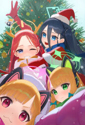Rule 34 | &lt;key&gt; (robot) (blue archive), 4girls, absurdly long hair, animal ear headphones, animal ears, antlers, aris (blue archive), black hair, black hairband, blonde hair, blue archive, blue bow, blue eyes, blue halo, blush, bow, christmas, christmas tree, closed mouth, fake animal ears, game development department (blue archive), gloves, glow (user hnpv7785), green eyes, green halo, grin, hair bow, hairband, halo, hat, headphones, highres, horns, jacket, long hair, long sleeves, midori (blue archive), momoi (blue archive), multiple girls, one eye closed, one side up, open mouth, pink halo, red eyes, red gloves, red hair, red headwear, reindeer antlers, santa hat, short hair, siblings, sisters, smile, twins, very long hair, white jacket, yellow halo, yuzu (blue archive)