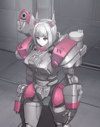 Rule 34 | 1girl, armor, arms at sides, bob cut, colored skin, commentary request, expressionless, gun, highres, hispol (04-uma-alpha), holding, holding gun, holding weapon, humanoid robot, joints, original, power armor, red eyes, robot, robot joints, science fiction, shoulder cannon, solo, standing, weapon, white hair, white skin
