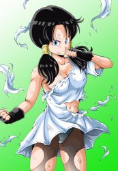 Rule 34 | 1girl, angry, black gloves, black hair, black pantyhose, blue eyes, breasts, clenched hands, closed mouth, clothes lift, collarbone, commentary request, covered erect nipples, cowboy shot, dirty, dirty clothes, dirty face, dragon ball, dragonball z, eyelashes, fighting stance, fingerless gloves, frown, gloves, gradient background, green background, hand to own mouth, highres, large breasts, legs apart, looking at viewer, midriff, navel, panties, pantyhose, shirt, simple background, solo, standing, tomboy, torn clothes, torn pantyhose, torn shirt, twintails, underwear, v-shaped eyebrows, videl, white background, white panties, white shirt, wind, wind lift, young jijii