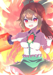Rule 34 | 1girl, ahoge, arm cannon, blouse, blurry, bokeh, bow, breasts, brown hair, cowboy shot, depth of field, fire, green bow, green skirt, hair between eyes, hair bow, hand up, highres, kiramarukou, large breasts, light particles, long hair, open mouth, outstretched arm, petticoat, puffy short sleeves, puffy sleeves, radiation symbol, red eyes, reiuji utsuho, shirt, short sleeves, sidelocks, skirt, smoke, solo, symbol-shaped pupils, touhou, v-shaped eyebrows, very long hair, weapon, white shirt