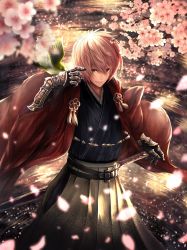 Rule 34 | 1boy, absurdres, bird, bird on hand, bracer, brown eyes, cherry blossoms, gauntlets, hand up, highres, light brown hair, looking at viewer, male focus, nyaon oekaki, outdoors, solo, standing, sword, weapon