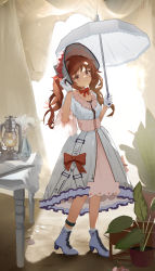Rule 34 | 1girl, absurdres, ambience synesthesia, arknights, blue footwear, blush, bohe midiexiang, bonnet, boots, brown eyes, brown hair, closed mouth, commentary request, dress, eyjafjalla (arknights), flower, frilled dress, frills, hands up, high heel boots, high heels, highres, holding, holding umbrella, lace-trimmed umbrella, lace trim, lantern, lolita fashion, long hair, looking at viewer, official alternate costume, pink flower, pink rose, plant, potted plant, rose, solo, twintails, umbrella, very long hair, white dress, white headwear, white umbrella