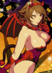 Rule 34 | 1girl, antennae, bare shoulders, breasts, brown eyes, brown hair, cleavage, cosplay, demon girl, demon tail, demon wings, female focus, gloves, hair ornament, halloween, highleg, highres, horns, kantai collection, kuroi ani, large breasts, leotard, lipstick, makeup, mutsu (kancolle), night, red gloves, red lips, short hair, solo, standing, tail, wings