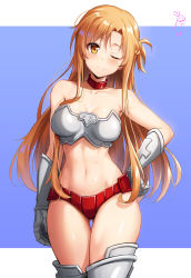 Rule 34 | 1girl, abs, asuna (sao), bare arms, bare shoulders, blue background, braid, breasts, cleavage, collarbone, gauntlets, highres, holiday (pangjelly), large breasts, long hair, looking at viewer, midriff, navel, one eye closed, simple background, smile, solo, sword art online, toned