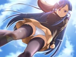 Rule 34 | 1girl, black thighhighs, blue eyes, blue hair, blush, cloud, day, from below, game cg, haganemaru kennosuke, hair ribbon, hair tubes, jamming rumble, lace, lace-trimmed panties, lace trim, lens flare, long hair, long sleeves, matching hair/eyes, panties, pantyshot, purple eyes, purple hair, ribbon, shirt, skirt, sky, solo, standing, sweater, thighhighs, underwear, upskirt, white panties, yoshihara maito