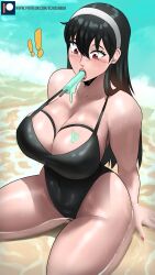 Rule 34 | !, !!, 1girl, absurdres, arm support, bare arms, bare shoulders, beach, black hair, black one-piece swimsuit, breasts, cleavage, commentary, echo saber, food, food in mouth, hairband, highres, large breasts, long hair, mouth hold, ocean, one-piece swimsuit, popsicle, red eyes, sitting, solo, spy x family, swimsuit, thighs, very long hair, water, white hairband, yor briar