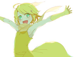 Rule 34 | 1girl, blonde hair, female focus, green eyes, kagamine rin, outstretched arms, short hair, simple background, smile, solo, spread arms, vocaloid, wara (343587aa), white background