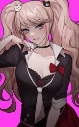 Rule 34 | 1girl, bamme o3o, bear hair ornament, black choker, black necktie, black shirt, blue eyes, bow, bra, breasts, choker, cleavage, collarbone, commentary request, cowboy shot, danganronpa: trigger happy havoc, danganronpa (series), enoshima junko, hair ornament, hand up, highres, large breasts, long hair, nail polish, necktie, pink background, pleated skirt, red bow, red nails, red skirt, shirt, simple background, skirt, smile, solo, teeth, twintails, underwear, white necktie