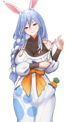 Rule 34 | 1girl, absurdres, animal ear fluff, animal ears, black bodysuit, blue hair, bodysuit, braid, braided ponytail, breasts, carrot, carrot in pocket, cleavage, defaultkavy, highres, hololive, large breasts, long hair, looking at viewer, mature female, multicolored hair, pekomama, rabbit ears, rabbit girl, red eyes, see-through, see-through cleavage, short eyebrows, smile, solo, thick eyebrows, undressing, virtual youtuber, white hair