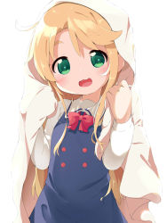 Rule 34 | 1girl, :3, :d, blonde hair, commentary request, dress, green eyes, highres, himesaka noa, long hair, long sleeves, looking at viewer, makuran, open mouth, school uniform, simple background, smile, solo, thick eyebrows, under covers, watashi ni tenshi ga maiorita!, white background
