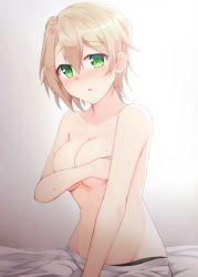 Rule 34 | 1girl, bed sheet, blonde hair, blush, breasts, cleavage, commentary request, covering privates, covering breasts, gradient background, green eyes, grey background, highres, kuzukiri (riezenagel), looking at viewer, medium breasts, neige (kuzukiri), on bed, original, parted lips, short hair, sitting, solo, sweat, topless