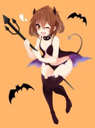 Rule 34 | 10s, 1girl, bat (animal), black thighhighs, brow, brown hair, costume, demon horns, demon tail, driftkingtw, folded ponytail, hair ornament, hairclip, halloween, highres, horns, ikazuchi (kancolle), kantai collection, one eye closed, open mouth, orange background, short hair, simple background, solo, suruga (xsurugax), tail, thighhighs